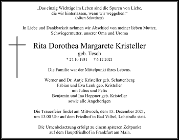 Traueranzeige von Rita Dorothea Margarete Kristeller von Bad Vilbel/Karben