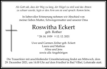 Traueranzeige von Roswitha Eckert von Bad Vilbel/Karben