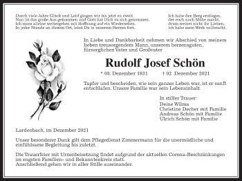 Traueranzeige von Rudolf Josef Schön von Giessener Allgemeine, Alsfelder Allgemeine