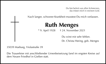 Traueranzeige von Ruth Menges von Giessener Allgemeine, Alsfelder Allgemeine, Giessener Anzeiger