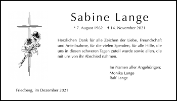 Traueranzeige von Sabine Lange von Wetterauer Zeitung