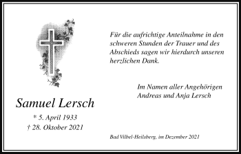 Traueranzeige von Samuel Lersch von Bad Vilbel/Karben