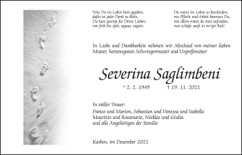 Traueranzeige von Severina Saglimbeni von Wetterauer Zeitung