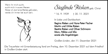 Traueranzeige von Sieglinde Risken von Giessener Allgemeine, Alsfelder Allgemeine