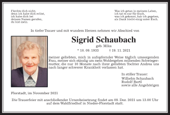 Traueranzeige von Sigrid Schaubach von Wetterauer Zeitung