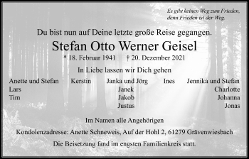 Traueranzeige von Stefan Otto Werner Geisel von Usinger Anzeiger