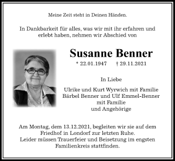 Traueranzeige von Susanne Benner von Rabenauer Zeitung