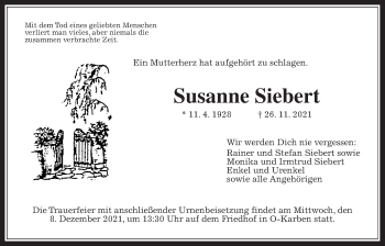 Traueranzeige von Susanne Siebert von Wetterauer Zeitung