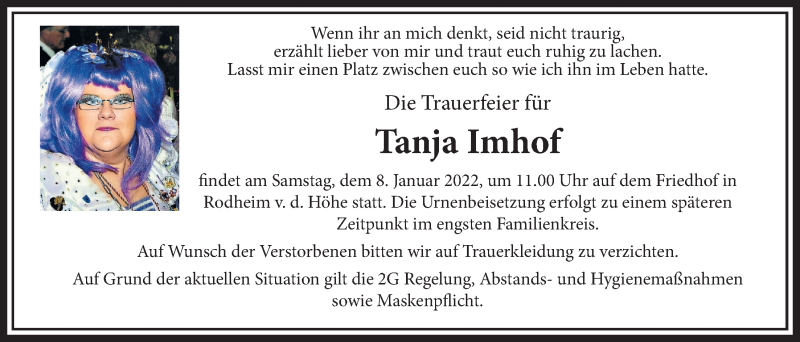  Traueranzeige für Tanja Imhof vom 31.12.2021 aus Wetterauer Zeitung