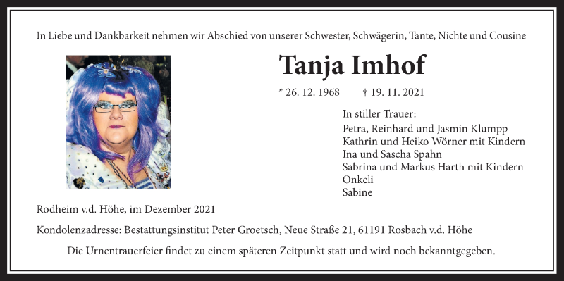  Traueranzeige für Tanja Imhof vom 04.12.2021 aus Wetterauer Zeitung