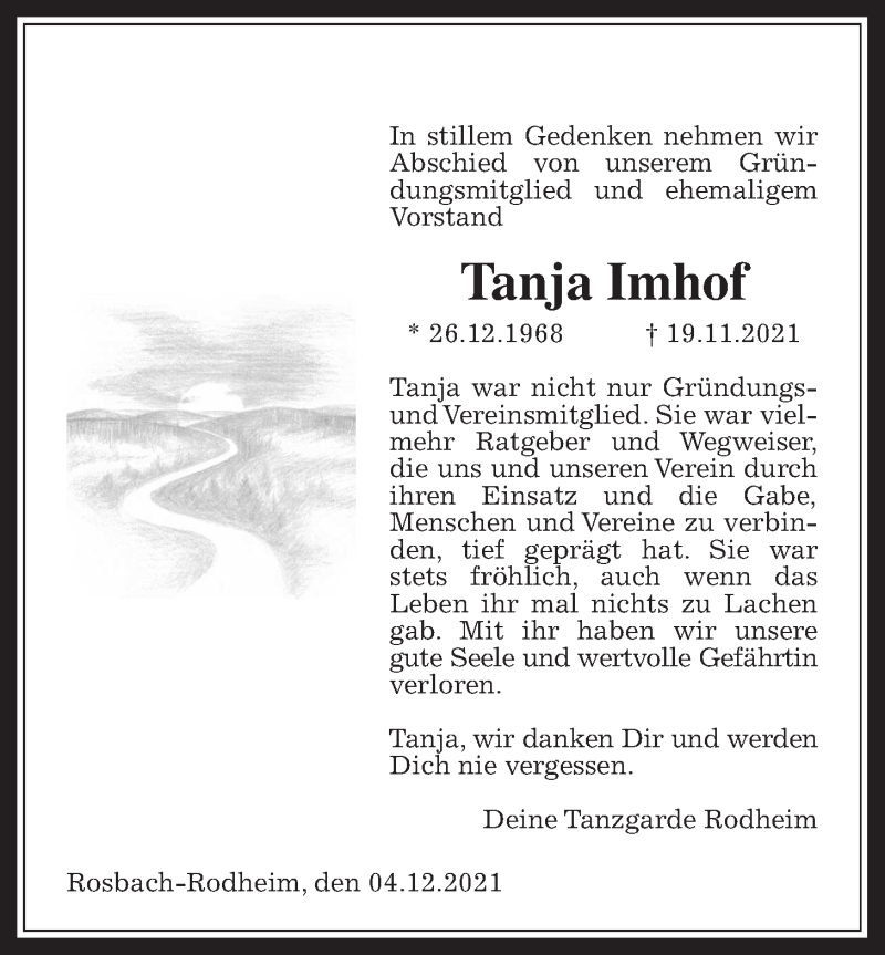  Traueranzeige für Tanja Imhof vom 04.12.2021 aus Wetterauer Zeitung