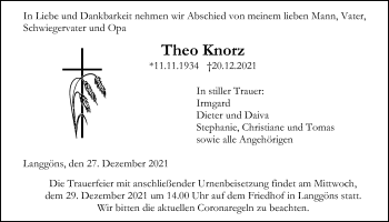 Traueranzeige von Theo Knorz von Giessener Allgemeine, Alsfelder Allgemeine, Giessener Anzeiger