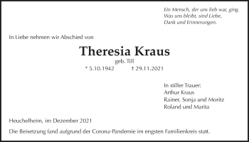 Traueranzeige von Theresia Kraus von Giessener Allgemeine, Alsfelder Allgemeine, Giessener Anzeiger