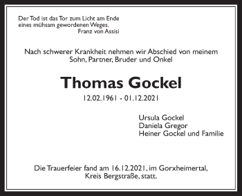 Traueranzeige von Thomas Gockel von Giessener Anzeiger