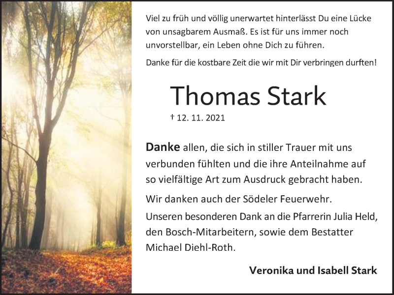  Traueranzeige für Thomas Stark vom 18.12.2021 aus Wetterauer Zeitung