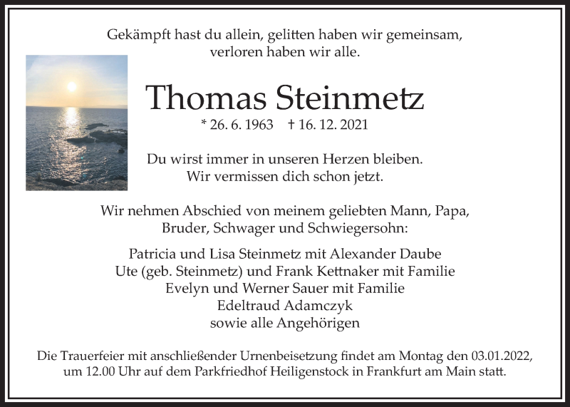 Traueranzeige für Thomas Steinmetz vom 23.12.2021 aus Bad Vilbel/Karben