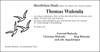 Traueranzeige von Thomas Walenda von Wetterauer Zeitung