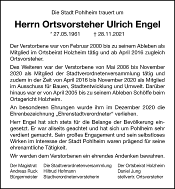 Traueranzeige von Ulrich Engel von Pohlheimer Nachrichten