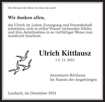 Traueranzeige von Ulrich Kittlausz von Laubacher Anzeiger