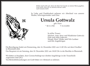 Traueranzeige von Ursula Gottwalz von Wetterauer Zeitung