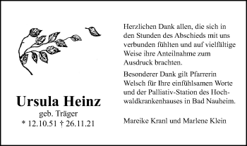 Traueranzeige von Ursula Heinz von Wetterauer Zeitung