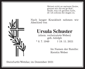Traueranzeige von Ursula Schuster von Wetterauer Zeitung