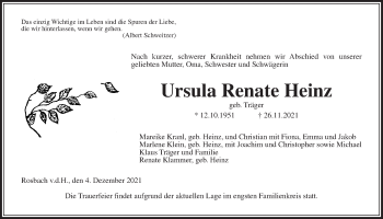Traueranzeige von Ursula Renate Heinz von Wetterauer Zeitung
