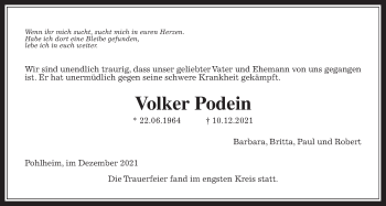 Traueranzeige von Volker Podein von Giessener Anzeiger