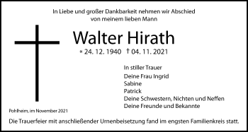 Traueranzeige von Walter Hirath von Pohlheimer Nachrichten