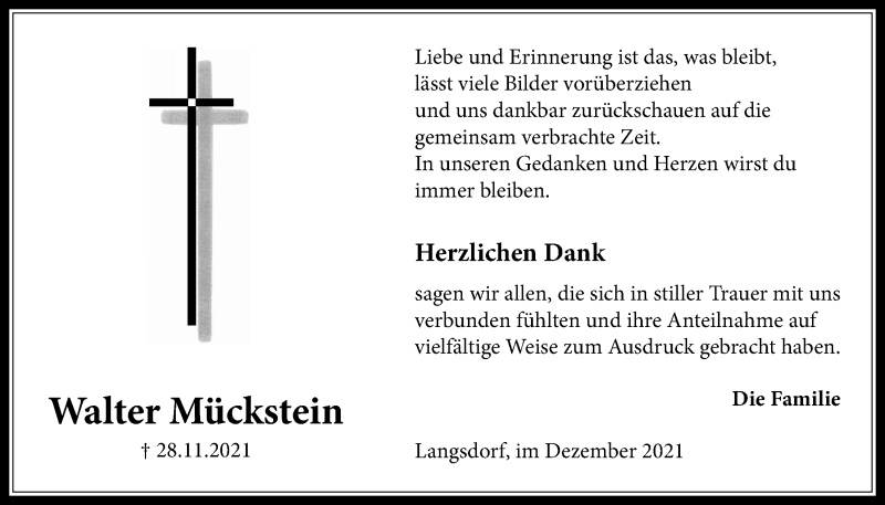  Traueranzeige für Walter Mückstein vom 30.12.2021 aus Licher Wochenblatt
