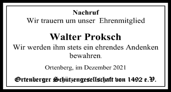 Traueranzeige von Walter Proksch von Kreis-Anzeiger
