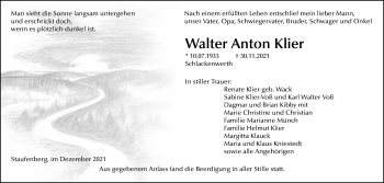 Traueranzeige von Walter Anton Klier von Giessener Allgemeine, Alsfelder Allgemeine, Giessener Anzeiger