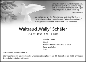 Traueranzeige von Waltraud Schäfer von Giessener Allgemeine, Alsfelder Allgemeine