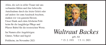 Traueranzeige von Waltraut Backes von Pohlheimer Nachrichten