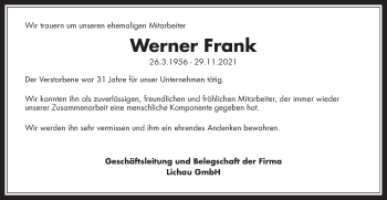 Traueranzeige von Werner Frank von Giessener Allgemeine, Alsfelder Allgemeine