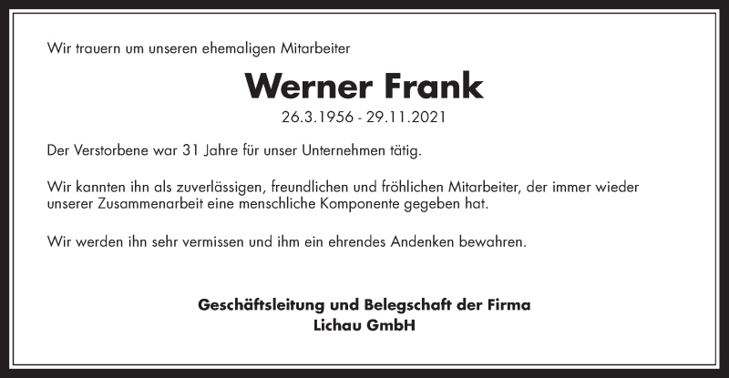  Traueranzeige für Werner Frank vom 11.12.2021 aus Giessener Allgemeine, Alsfelder Allgemeine