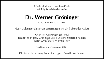 Traueranzeige von Werner Gröninger von Giessener Allgemeine, Alsfelder Allgemeine, Giessener Anzeiger