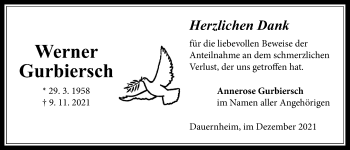 Traueranzeige von Werner Gurbiersch von Kreis-Anzeiger