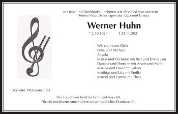 Traueranzeige von Werner Huhn von Wetterauer Zeitung