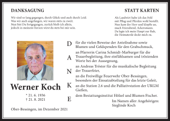 Traueranzeige von Werner Koch von Giessener Allgemeine, Alsfelder Allgemeine, Laubacher Anzeiger