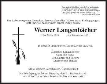 Traueranzeige von Werner Langenbächer von Usinger Anzeiger