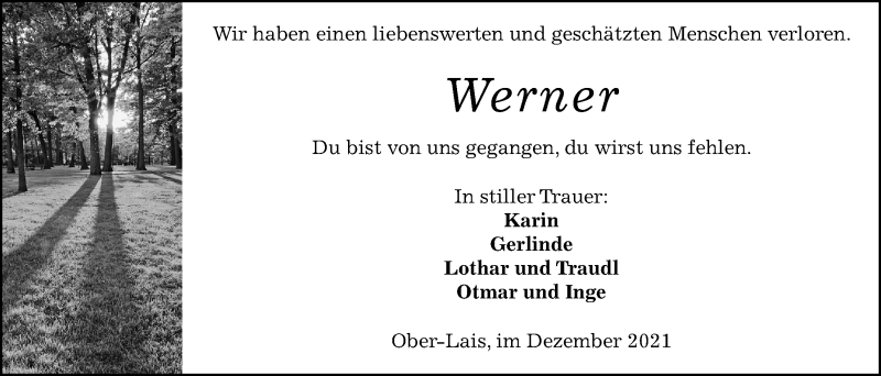  Traueranzeige für Werner Schauermann vom 04.12.2021 aus Kreis-Anzeiger
