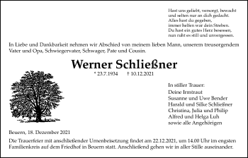 Traueranzeige von Werner Schließner von Giessener Allgemeine, Alsfelder Allgemeine