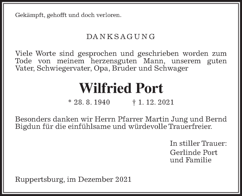  Traueranzeige für Wilfried Port vom 15.12.2021 aus Laubacher Anzeiger