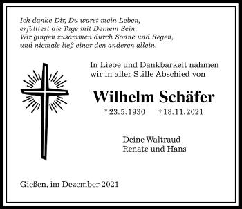 Traueranzeige von Wilhelm Schäfer von Giessener Allgemeine, Alsfelder Allgemeine, Giessener Anzeiger