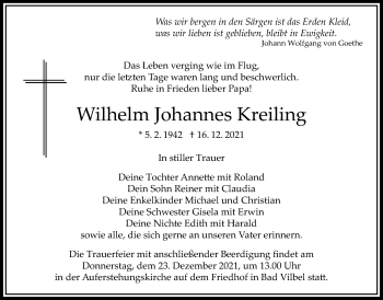 Traueranzeige von Wilhelm Johannes Kreiling von Bad Vilbel/Karben