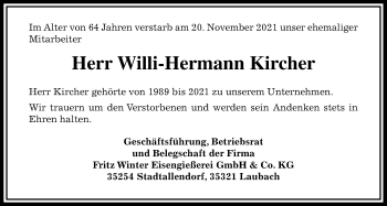Traueranzeige von Willi-Hermann Kircher von Laubacher Anzeiger