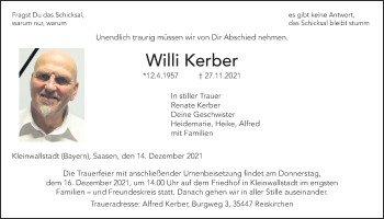 Traueranzeige von Willi Kerber von Giessener Allgemeine, Alsfelder Allgemeine