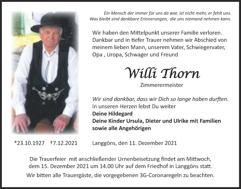  Traueranzeige für Willi Thorn vom 11.12.2021 aus Giessener Allgemeine, Alsfelder Allgemeine, Giessener Anzeiger