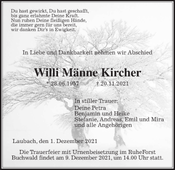 Traueranzeige von Willi Männe Kircher von Laubacher Anzeiger